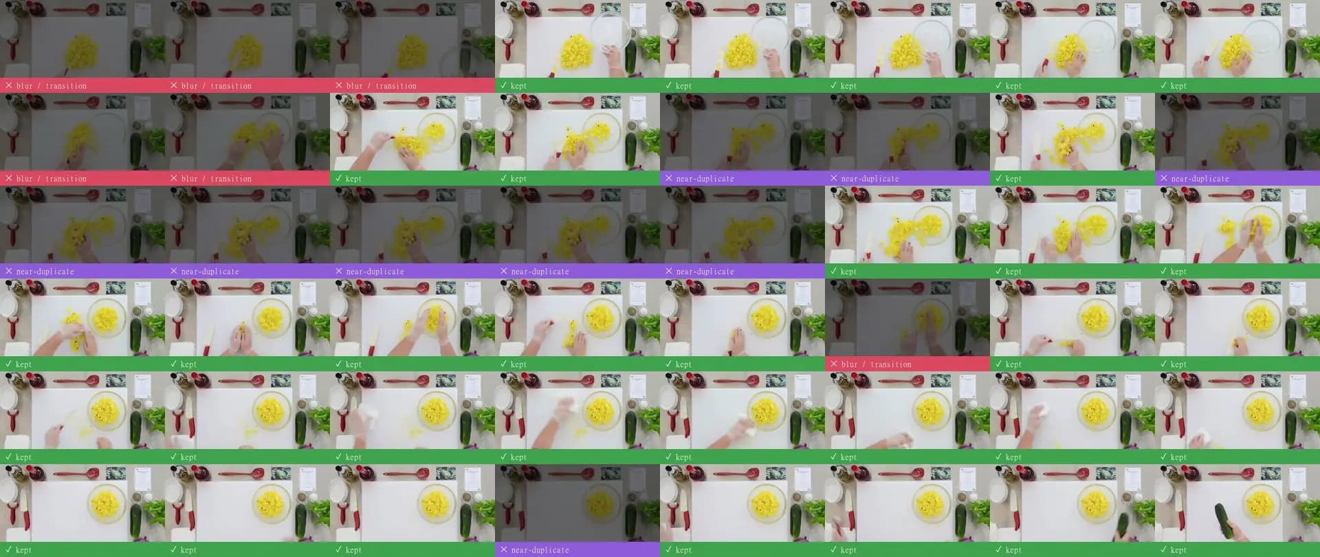 42 frames of dark robot footage, each marked kept, enhanced or removed