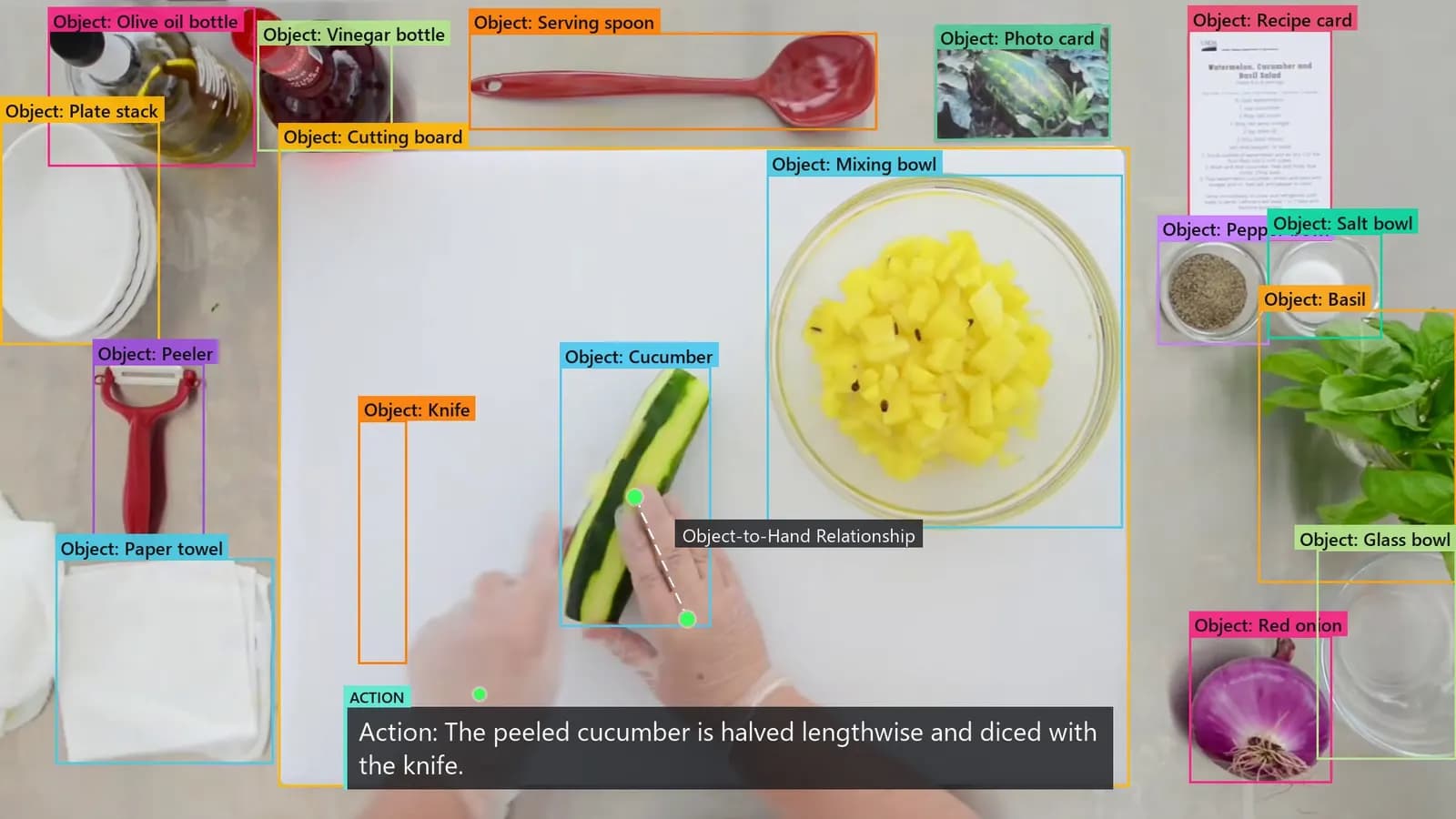 Overhead kitchen task: 20 object tracks, hand contacts and action captions — raw frame and labeled output