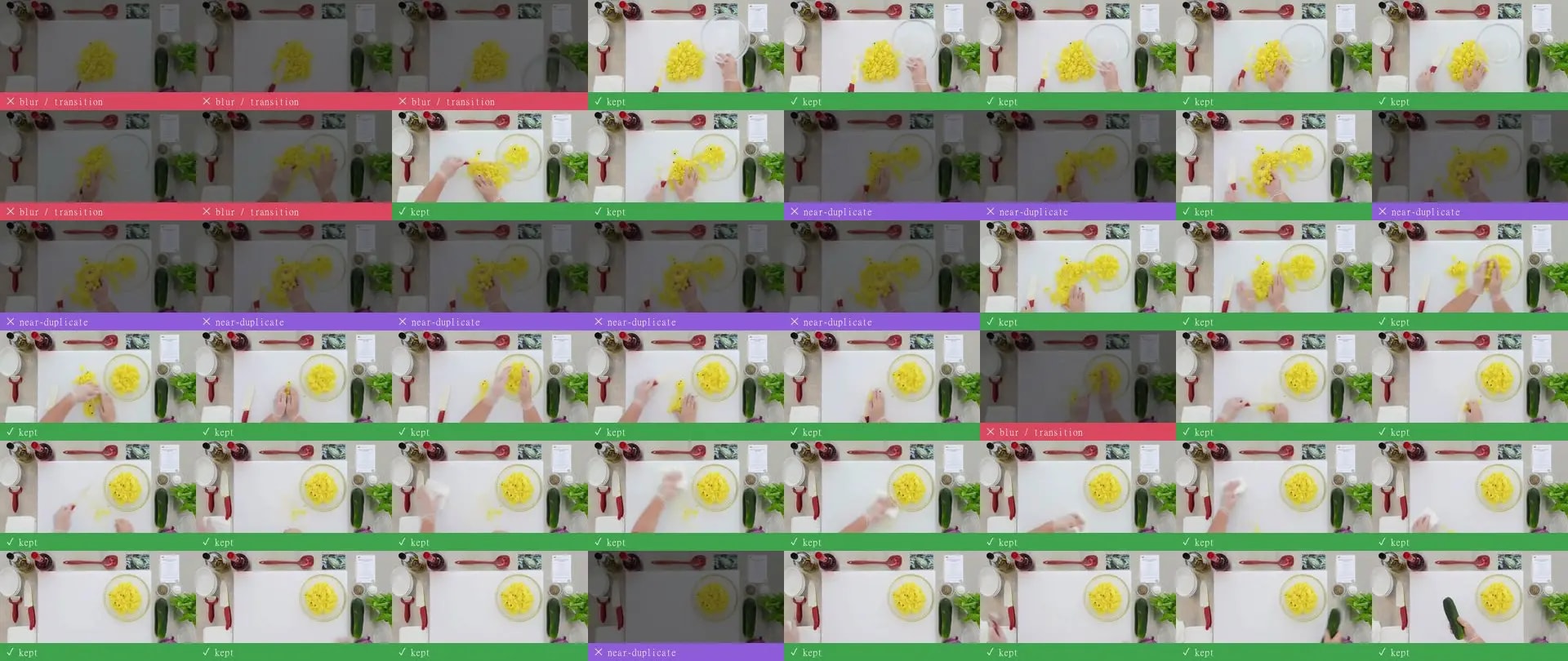 48 consecutive frames, each marked kept, near-duplicate or blurred